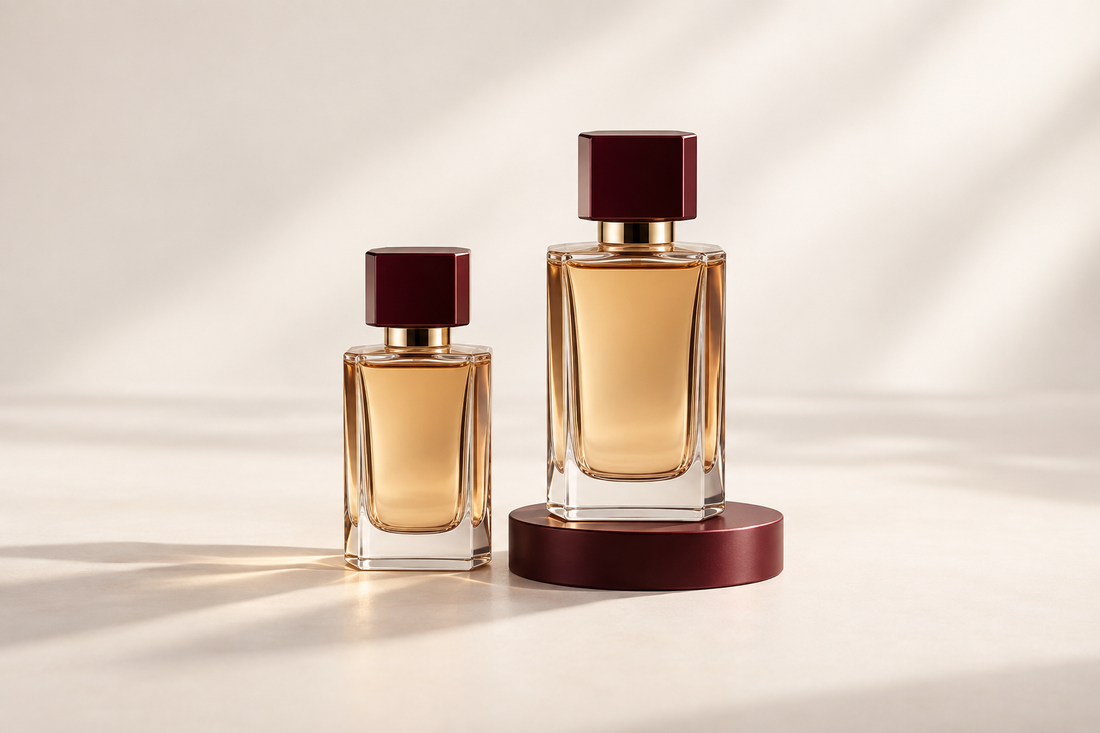 Two perfume bottles comparing 50 ml and 100 ml fragrance sizes