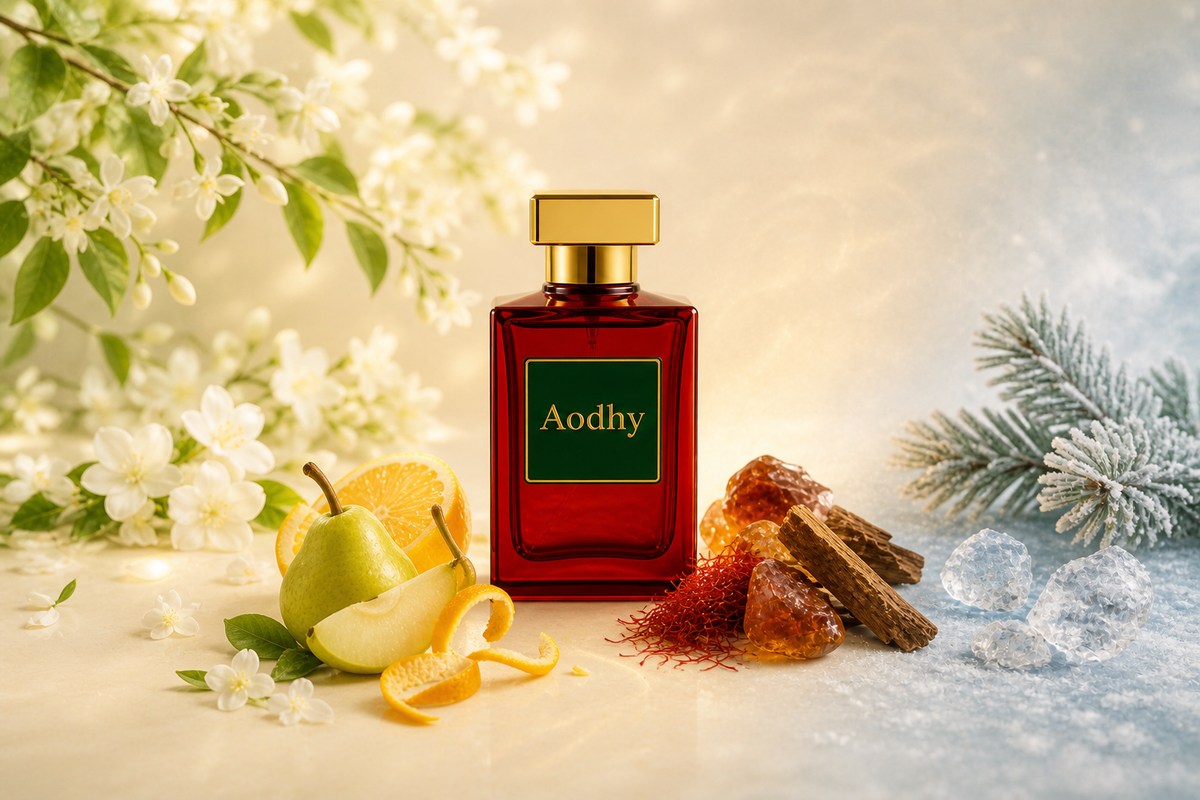 Aodhy amber woody perfume surrounded by spring, summer, autumn and winter fragrance materials