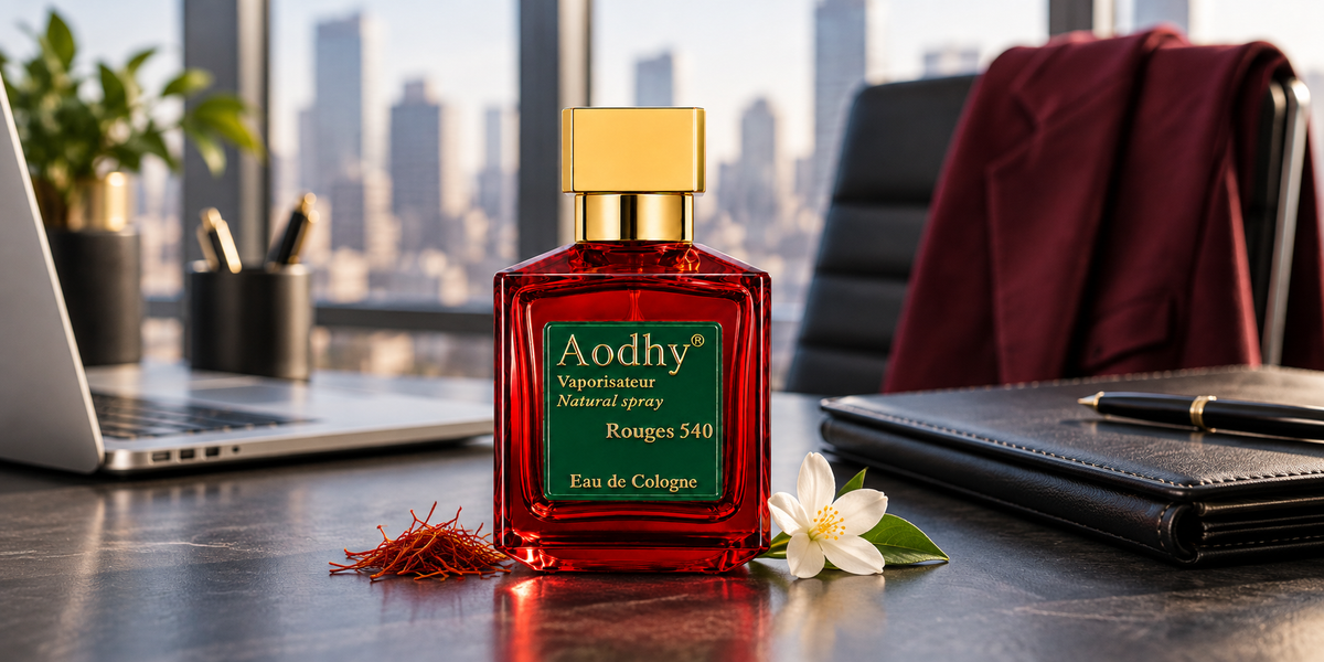 Aodhy Ruby 540 perfume in a modern city office with saffron and jasmine