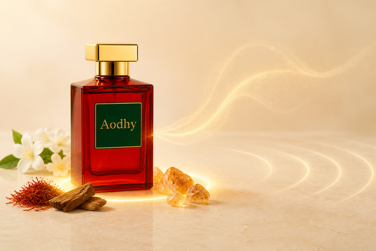 Aodhy perfume with luminous scent halo and trail illustrating projection, sillage and longevity