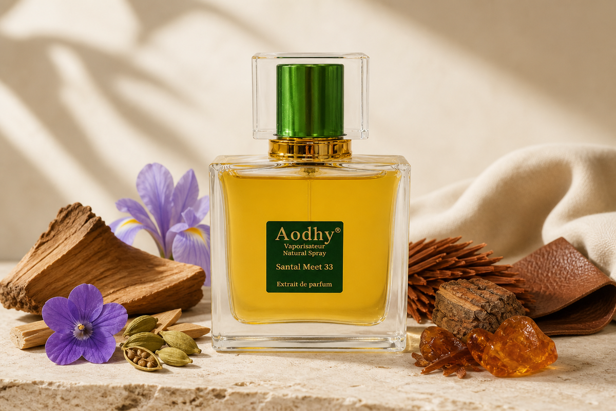Aodhy Sandalwood 33 bottle with sandalwood, cardamom, violet, iris, cedar, leather and amber
