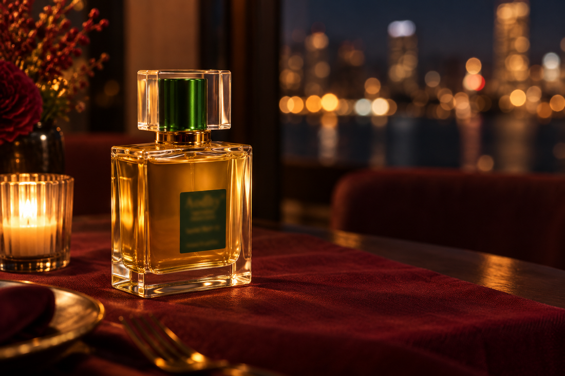 Aodhy sandalwood-inspired fragrance bottle on a candlelit evening table