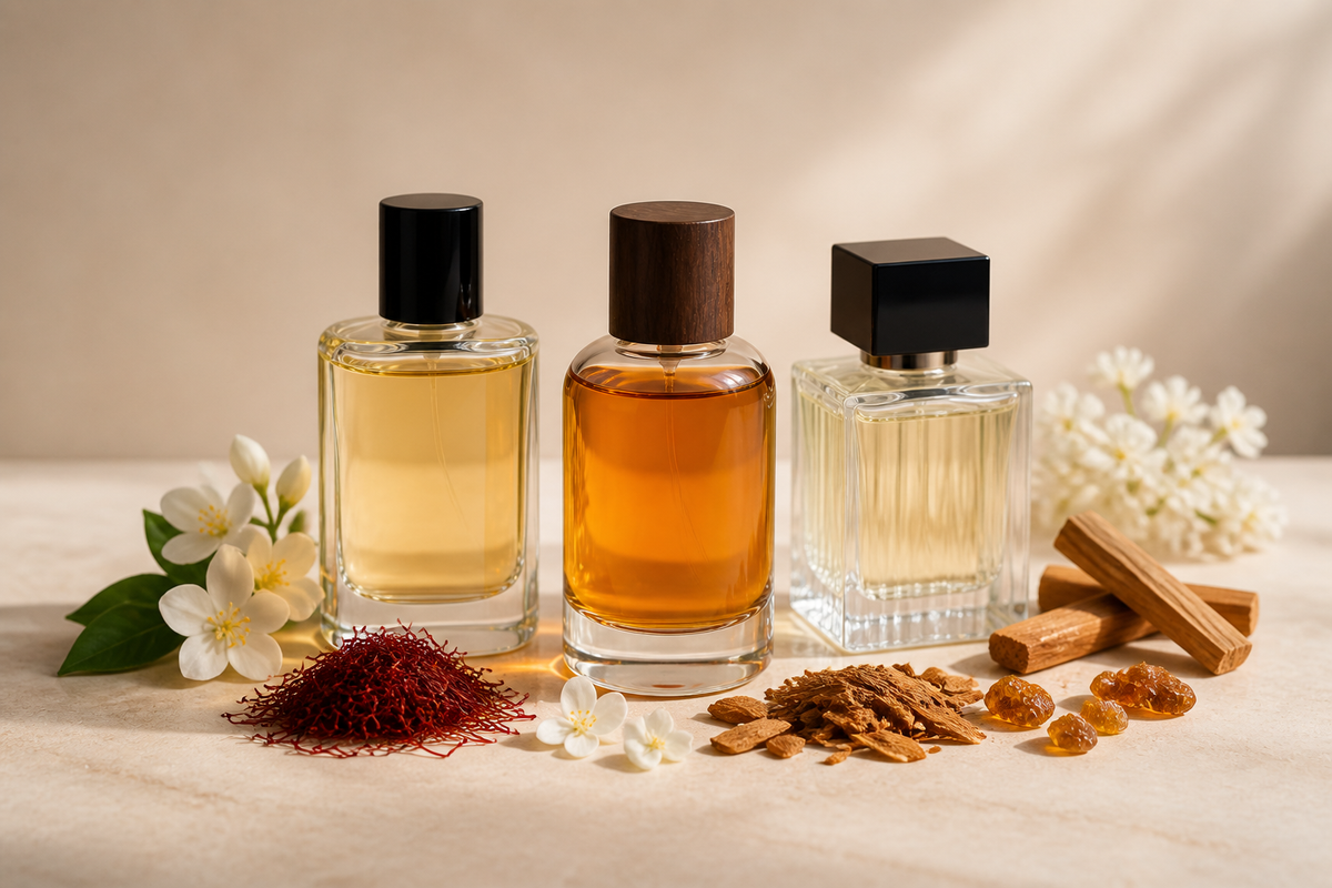 Three unisex perfume bottles with saffron, jasmine, sandalwood, cedar and amber resin