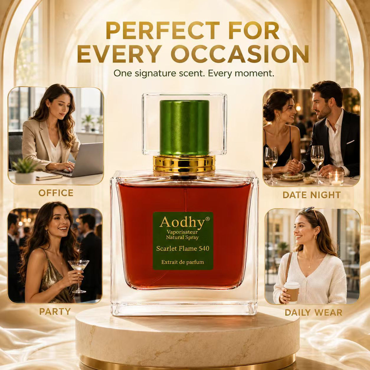 Scarlet Flame 540 bottle with office, date night, party and daily wear scenes