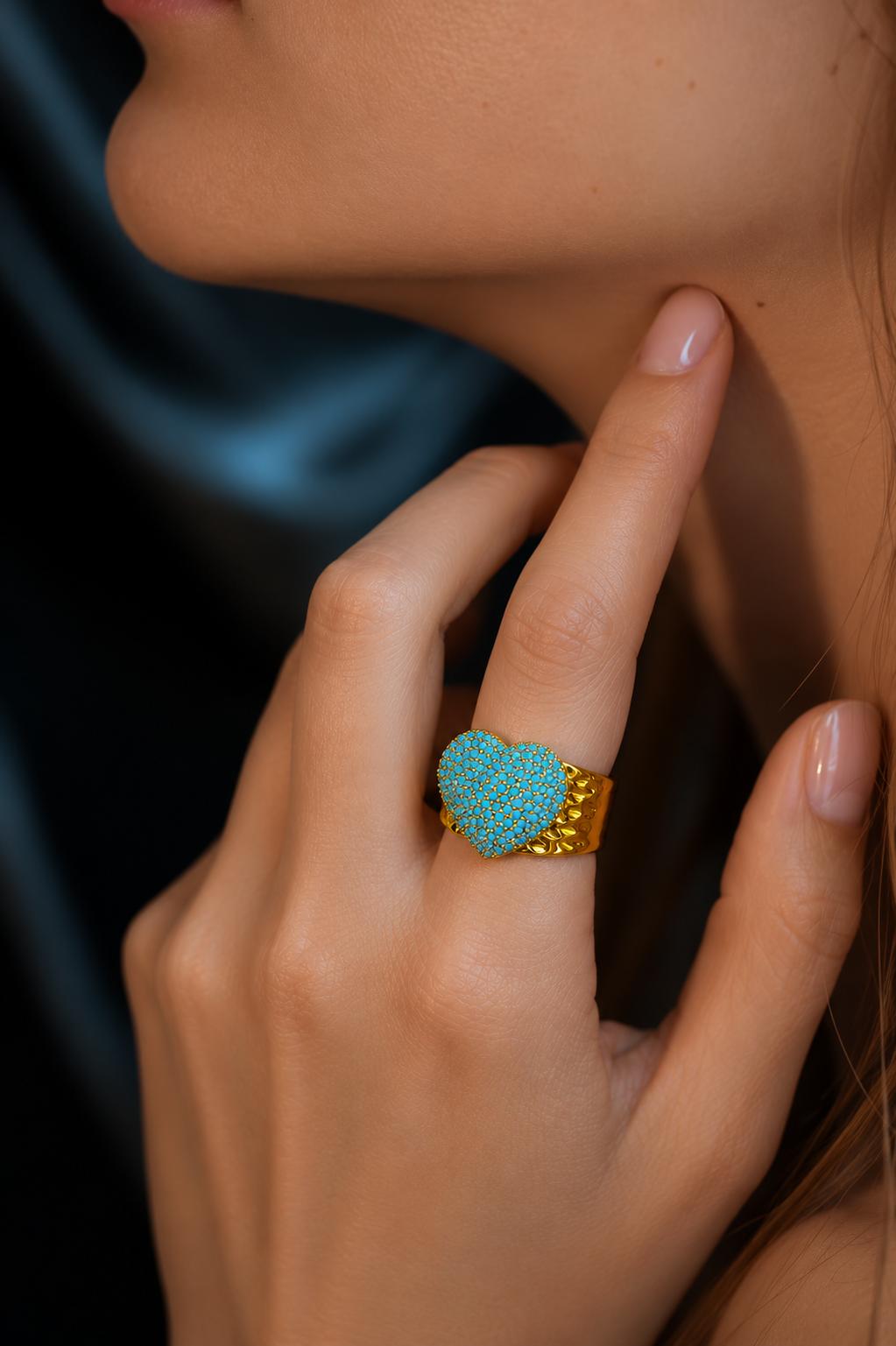 Aodhy  Baby Blue Heart Ring, Natural Blue Stone Ring with Real Plated Gold, Fashion Costume Jewelry Accessory,Y2K,Instababes